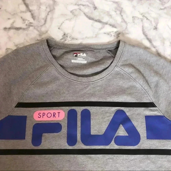 Fila Sport Grey Raglan Crewneck Terrycloth Tee Blue Pink Athleisure Size L - Picture 2 of 5